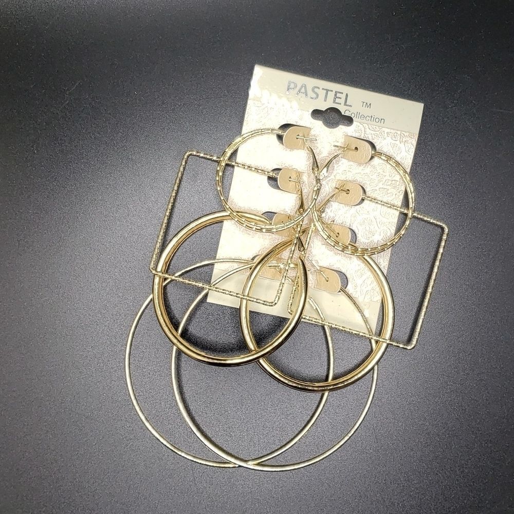 Gold square earrings Hoop earring bundle